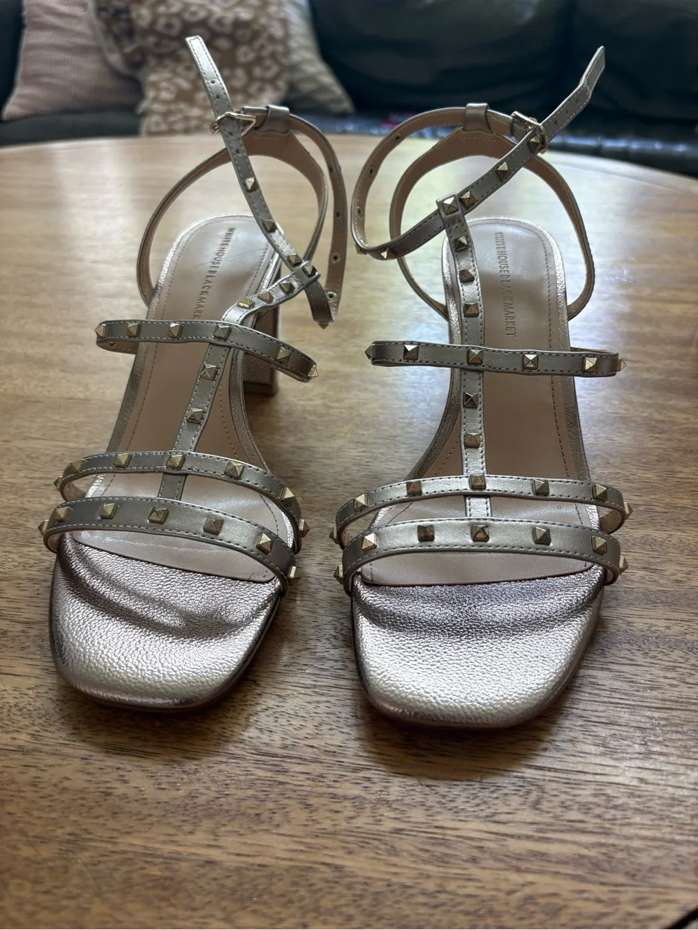White House Black Market Metallic Studded Block Heel Sandals - Gold